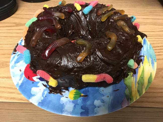 Chocolate fudge cake with worms
